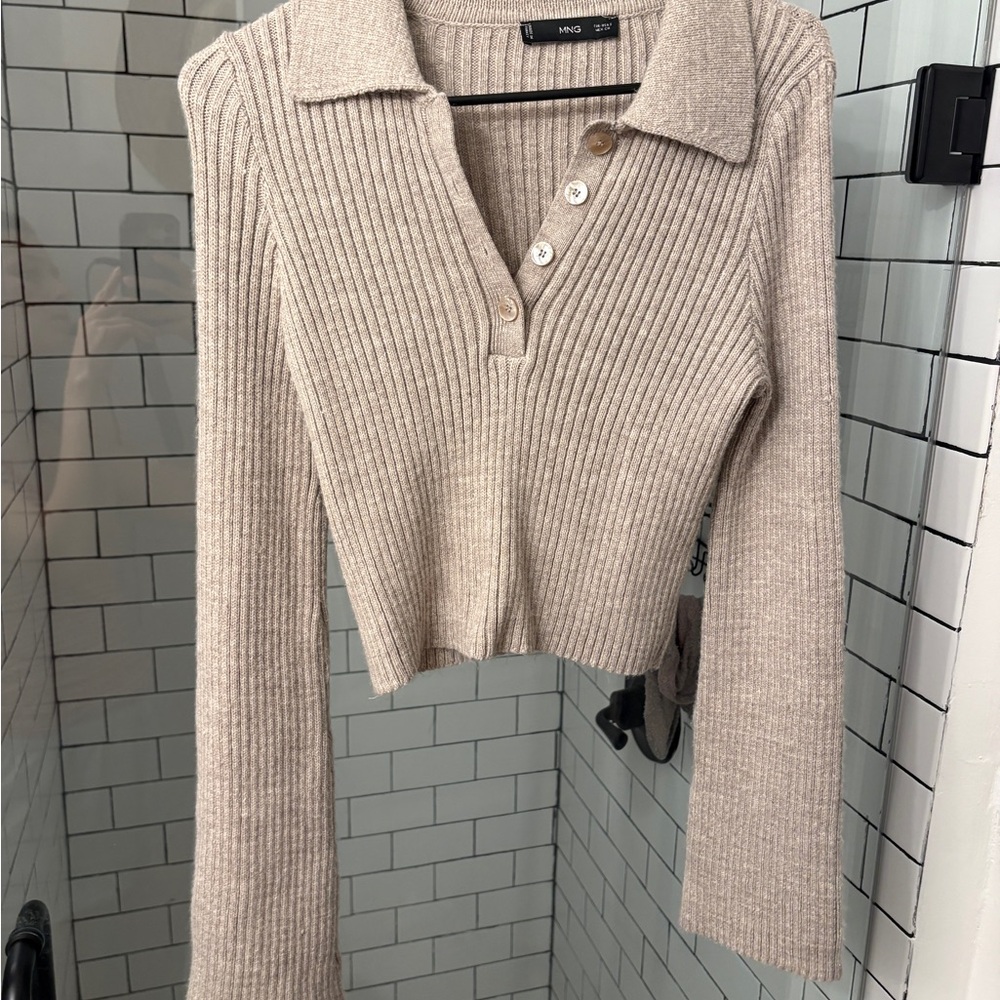 Mango Light Beige Ribbed Knit Top